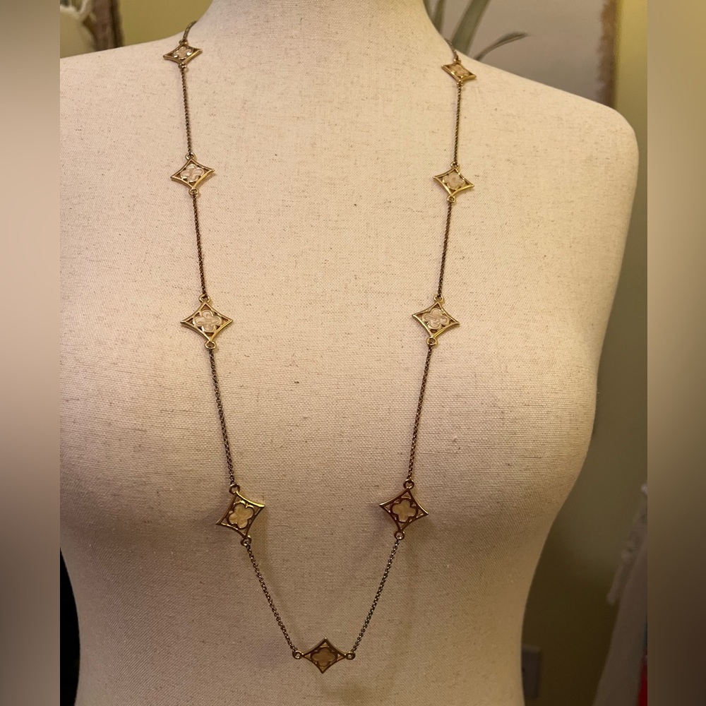 Gold and Faux Mother of Pearl Long Geometric Necklace EUC